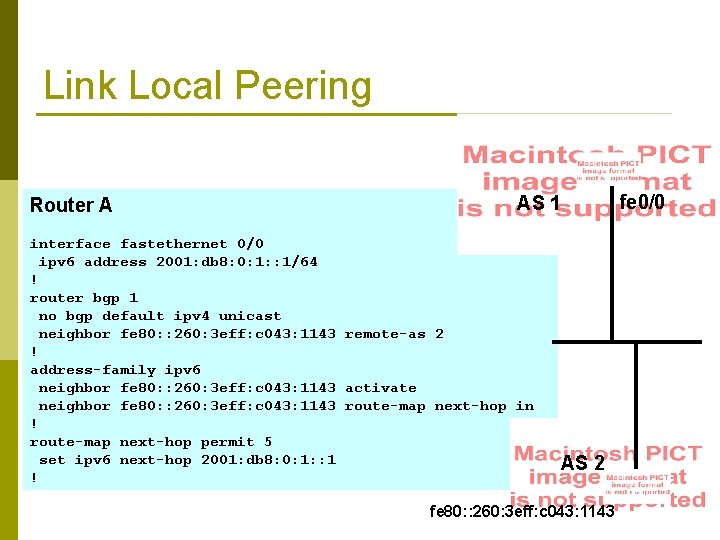Link Local Peering Router A AS 1 interface fastethernet 0/0 ipv 6 address 2001: