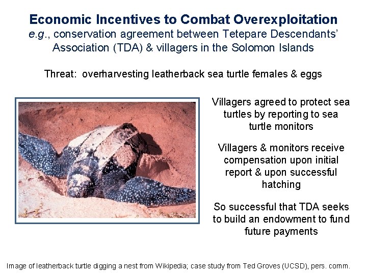 Economic Incentives to Combat Overexploitation e. g. , conservation agreement between Tetepare Descendants’ Association