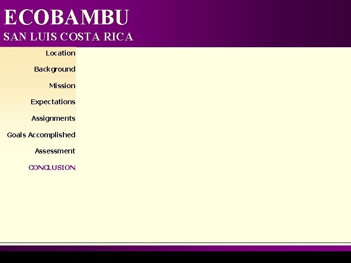 ECOBAMBU SAN LUIS COSTA RICA Location Background Mission Expectations Assignments Goals Accomplished Assessment CONCLUSION