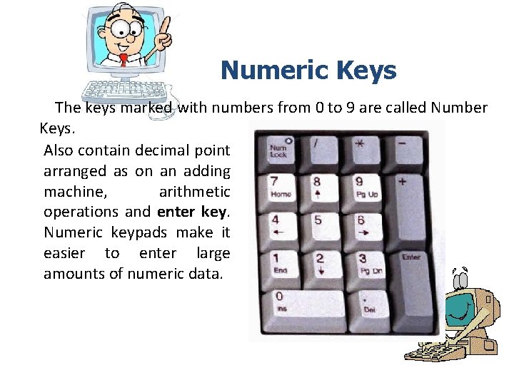 Numeric Keys The keys marked with numbers from 0 to 9 are called Number Numeric Keys The keys marked with numbers from 0 to 9 are called Number