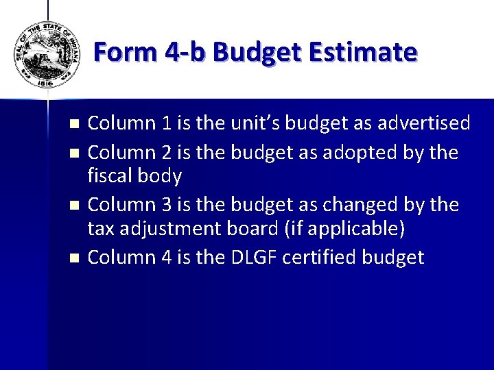 Form 4 -b Budget Estimate Column 1 is the unit’s budget as advertised n