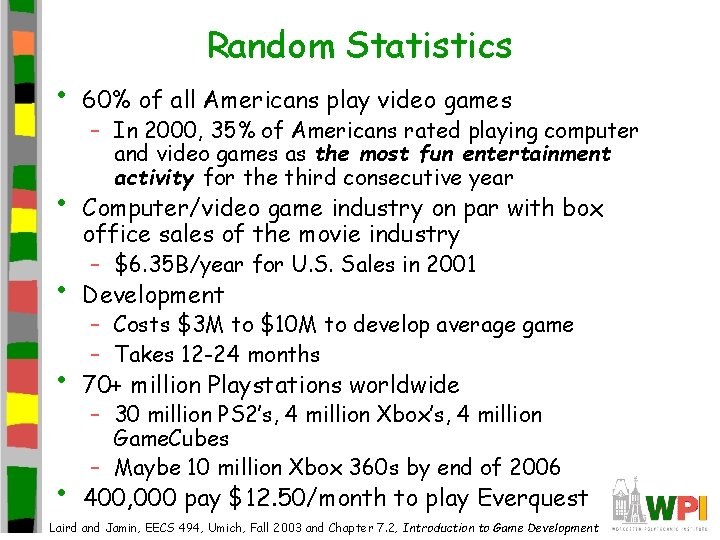  • • Random Statistics 60% of all Americans play video games – In