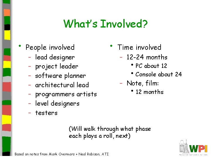 What’s Involved? • People involved – – – – lead designer project leader software