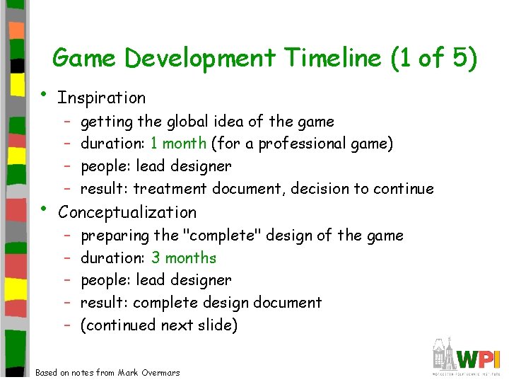 Game Development Timeline (1 of 5) • Inspiration • Conceptualization – – – –