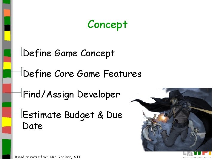 Concept Define Game Concept Define Core Game Features Find/Assign Developer Estimate Budget & Due