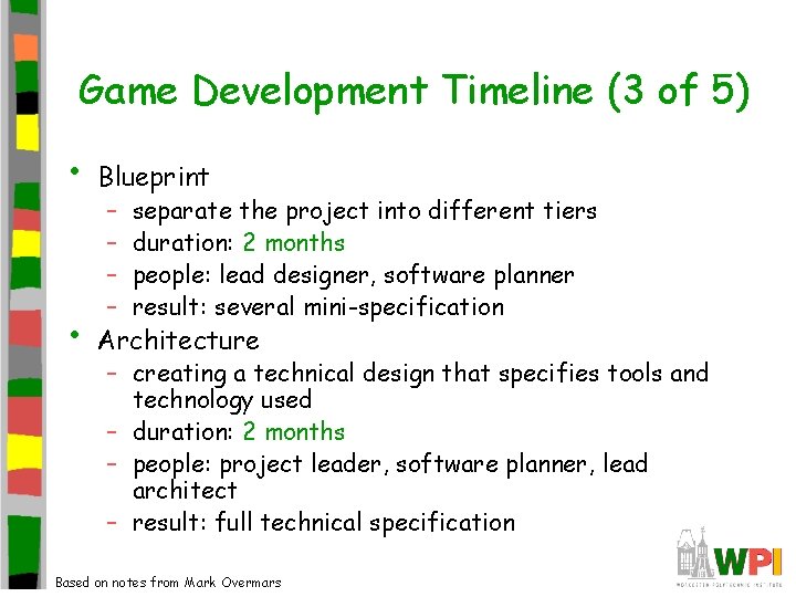 Game Development Timeline (3 of 5) • Blueprint • Architecture – – separate the