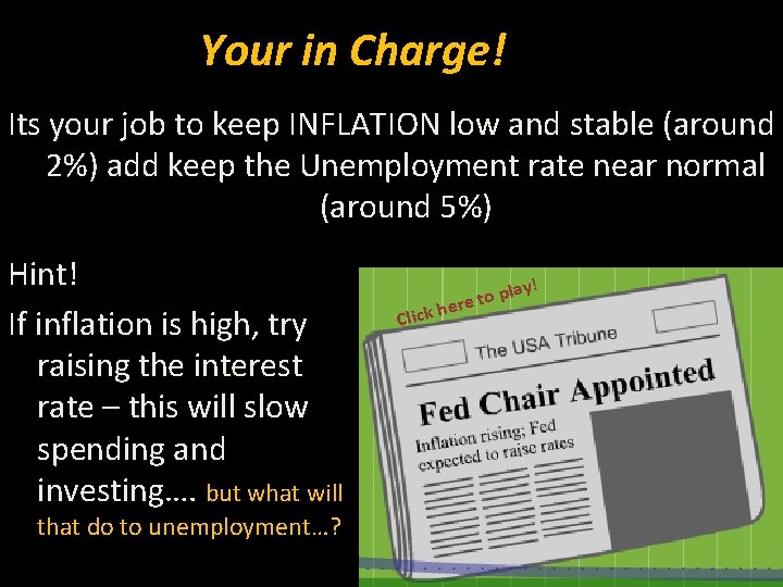 Your in Charge! Its your job to keep INFLATION low and stable (around 2%)