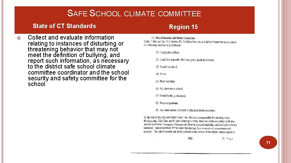 SAFE SCHOOL CLIMATE COMMITTEE State of CT Standards Region 15 Collect and evaluate information