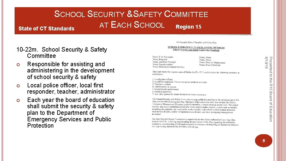 SCHOOL SECURITY & SAFETY COMMITTEE AT EACH SCHOOL Region 15 State of CT Standards