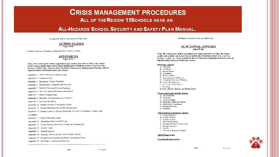 CRISIS MANAGEMENT PROCEDURES ALL OF THE REGION 15 SCHOOLS HAVE AN ALL-HAZARDS SCHOOL SECURITY