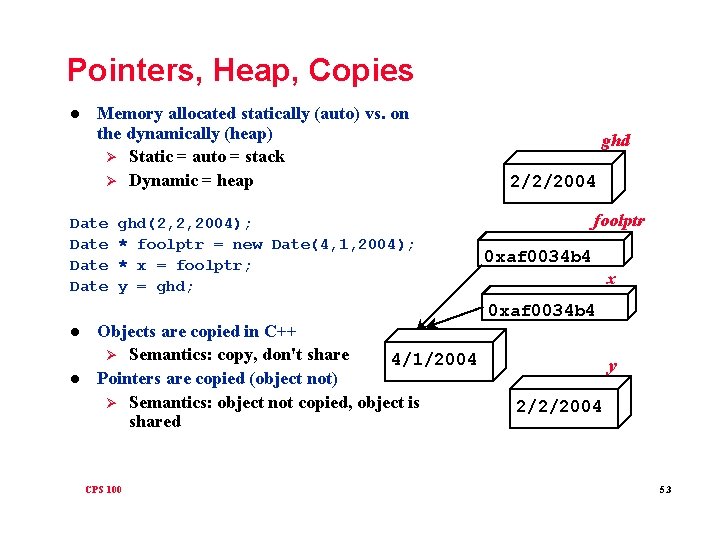 Pointers, Heap, Copies l Memory allocated statically (auto) vs. on the dynamically (heap) Ø