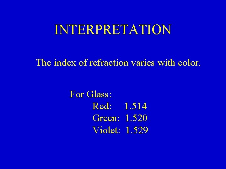 INTERPRETATION The index of refraction varies with color. For Glass: Red: 1. 514 Green: