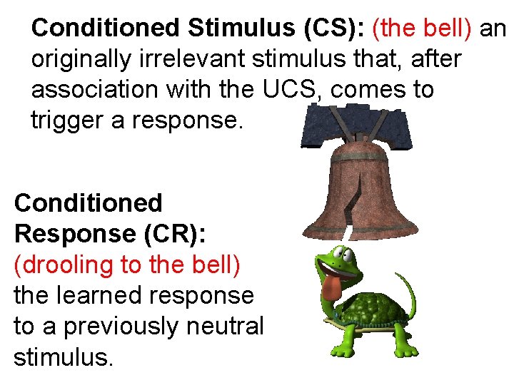 Conditioned Stimulus (CS): (the bell) an originally irrelevant stimulus that, after association with the