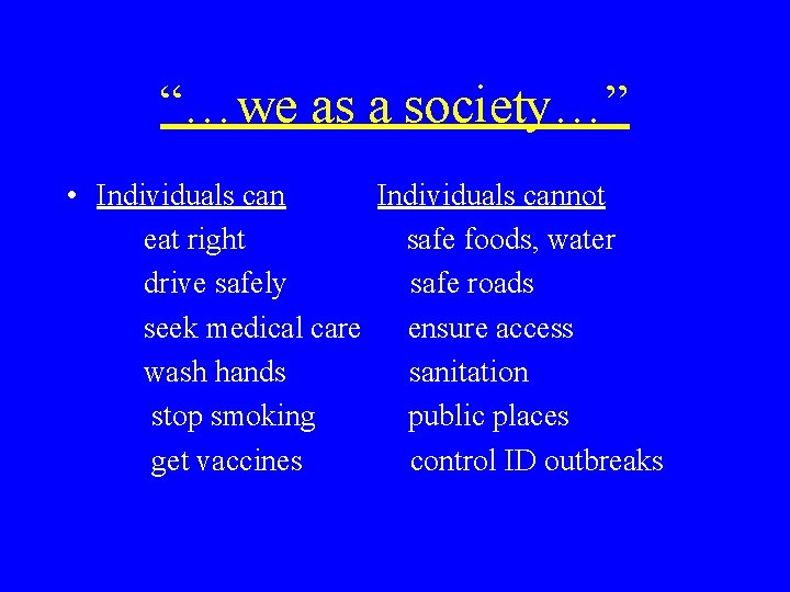 “…we as a society…” • Individuals cannot eat right safe foods, water drive safely