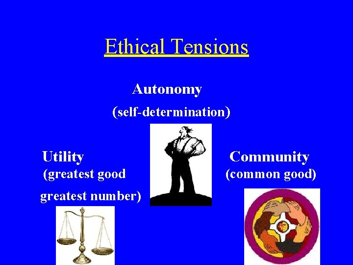 Ethical Tensions Autonomy (self-determination) Utility Community (greatest good (common good) greatest number) 
