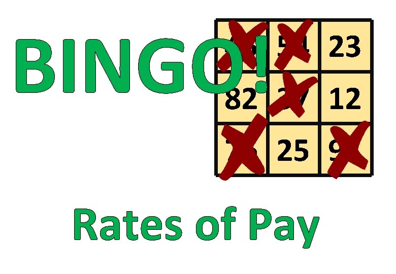 BINGO! 45 54 23 82 37 12 76 25 91 Rates of Pay 