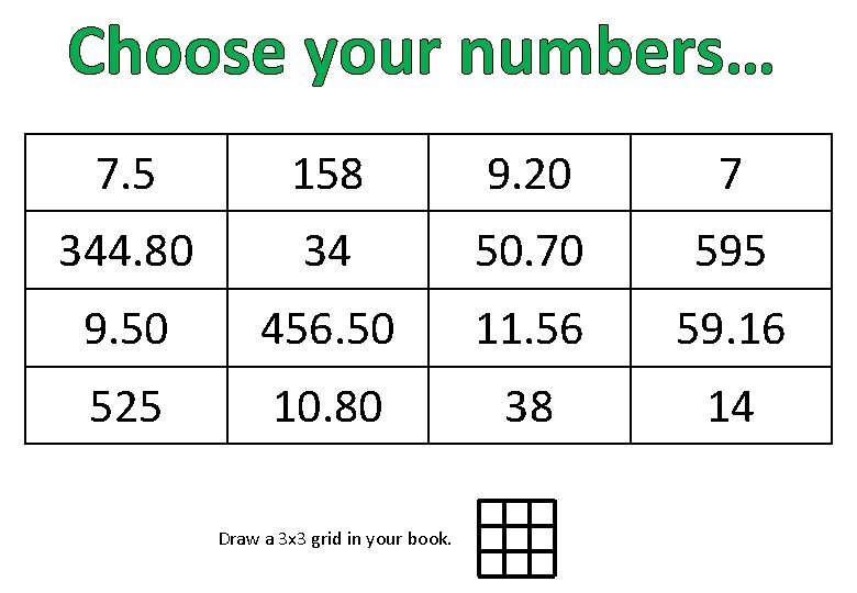 Choose your numbers… 7. 5 158 9. 20 7 344. 80 34 50. 70