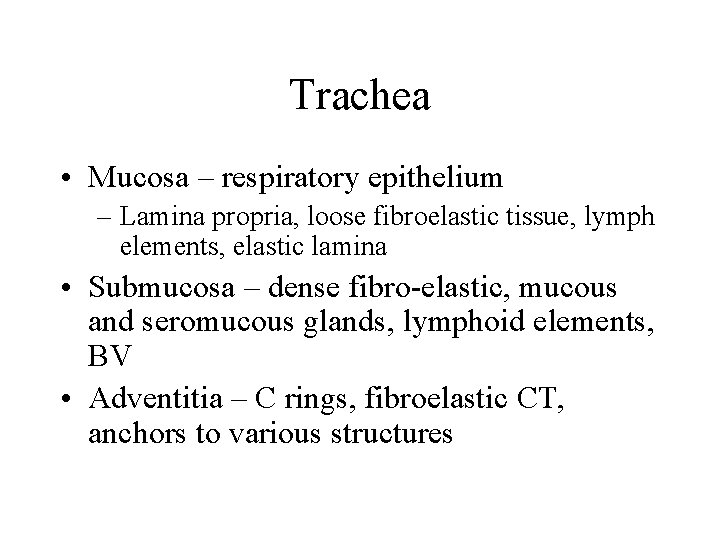Trachea • Mucosa – respiratory epithelium – Lamina propria, loose fibroelastic tissue, lymph elements,