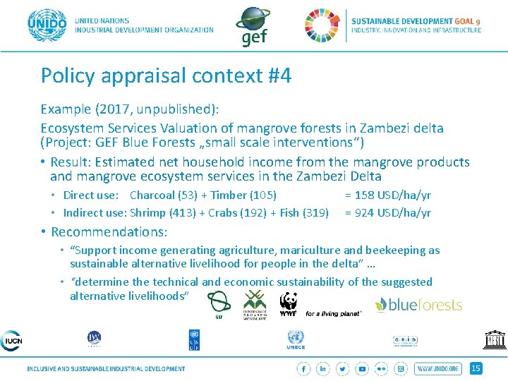 Policy appraisal context #4 Example (2017, unpublished): Ecosystem Services Valuation of mangrove forests in