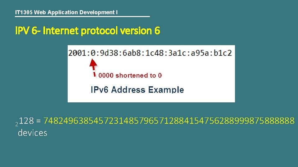 IT 1305 Web Application Development I IPV 6 - Internet protocol version 6 2128