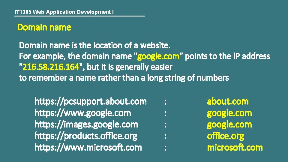 IT 1305 Web Application Development I Domain name is the location of a website.