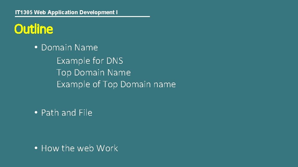 IT 1305 Web Application Development I Outline • Domain Name Example for DNS Top