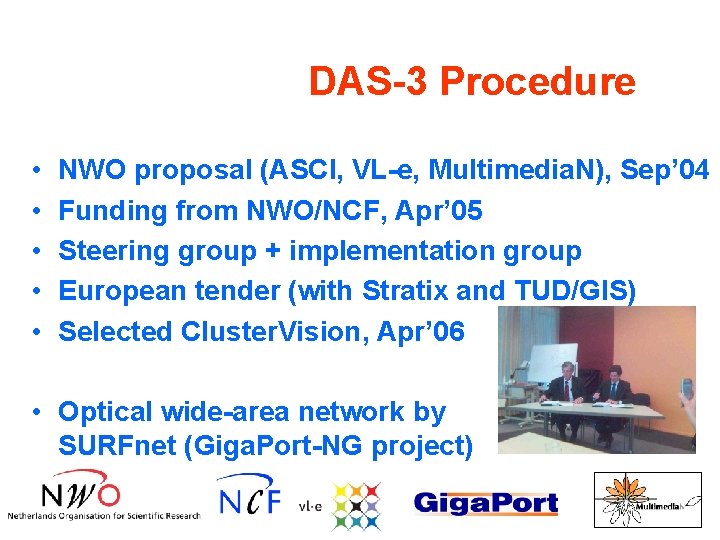 DAS-3 Procedure • • • NWO proposal (ASCI, VL-e, Multimedia. N), Sep’ 04 Funding