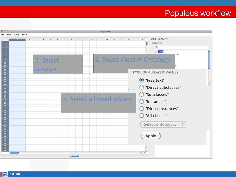 Populous workflow 1. Select column 2. Select Class in Ontology 3. Select allowed values