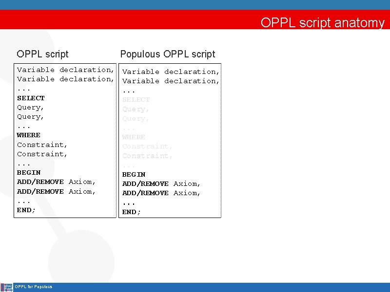 OPPL script anatomy OPPL script Variable declaration, . . . SELECT Query, . .