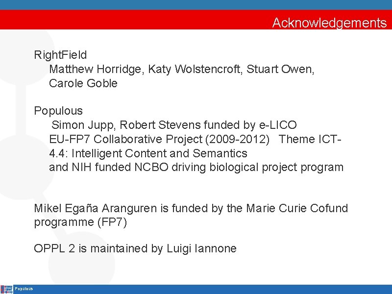 Acknowledgements Right. Field Matthew Horridge, Katy Wolstencroft, Stuart Owen, Carole Goble Populous Simon Jupp,