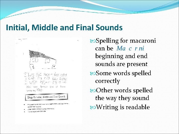 Initial, Middle and Final Sounds Spelling for macaroni can be Ma c r ni