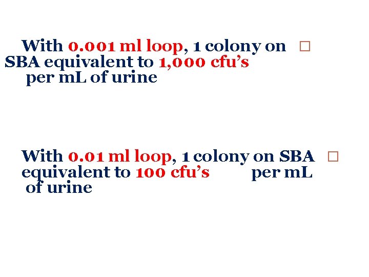 With 0. 001 ml loop, 1 colony on � SBA equivalent to 1, 000