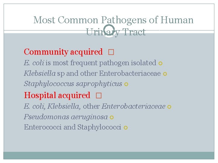 Most Common Pathogens of Human Urinary Tract Community acquired � E. coli is most