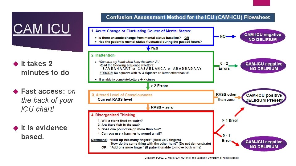 CAM ICU It takes 2 minutes to do Fast access: on the back of