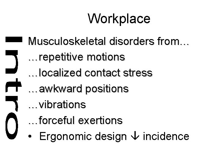 Workplace Musculoskeletal disorders from… …repetitive motions …localized contact stress …awkward positions …vibrations …forceful exertions