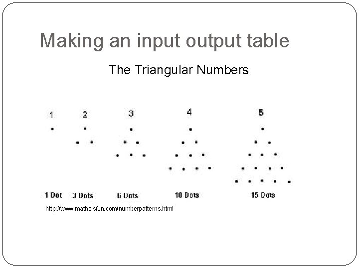 Making an input output table The Triangular Numbers http: //www. mathsisfun. com/numberpatterns. html 