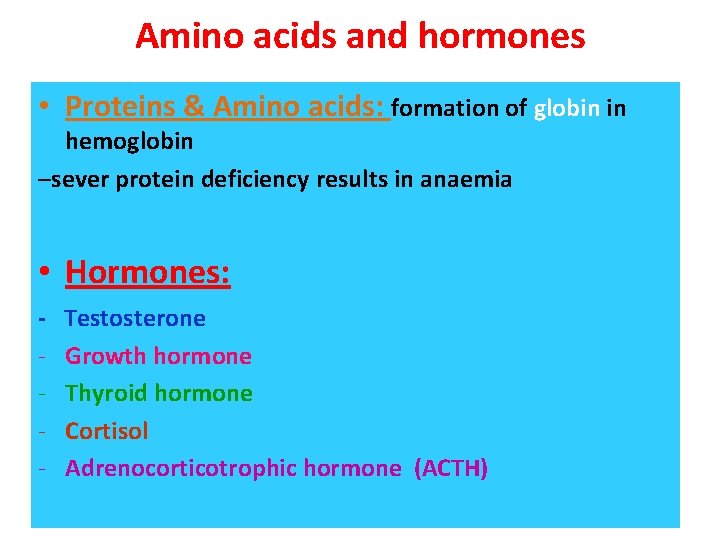 Amino acids and hormones • Proteins & Amino acids: formation of globin in hemoglobin