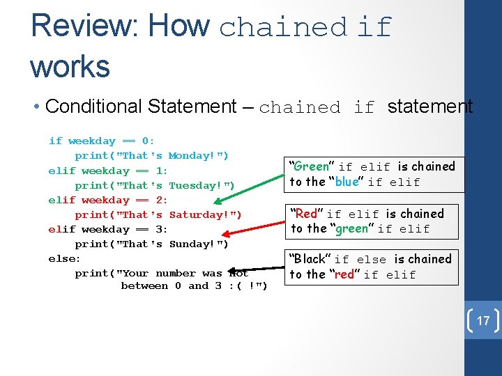 Review: How chained if works • Conditional Statement – chained if statement if weekday