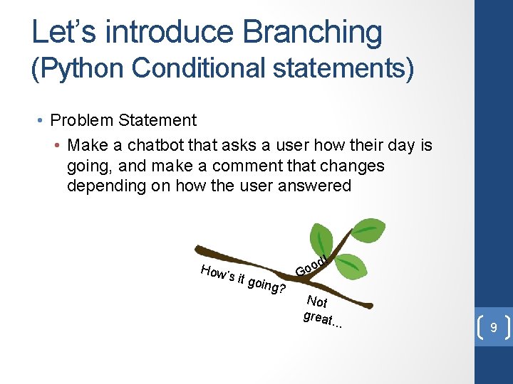 Let’s introduce Branching (Python Conditional statements) • Problem Statement • Make a chatbot that