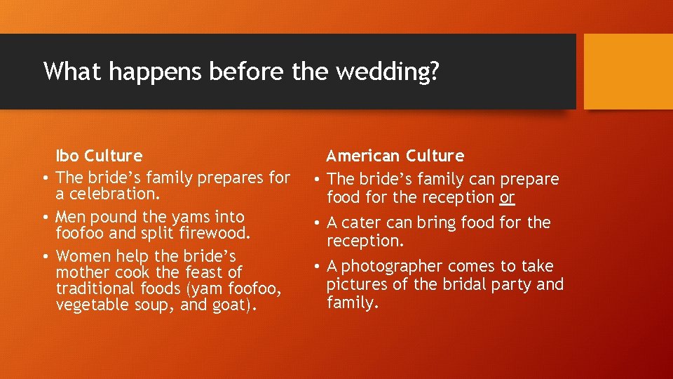 What happens before the wedding? Ibo Culture • The bride’s family prepares for a