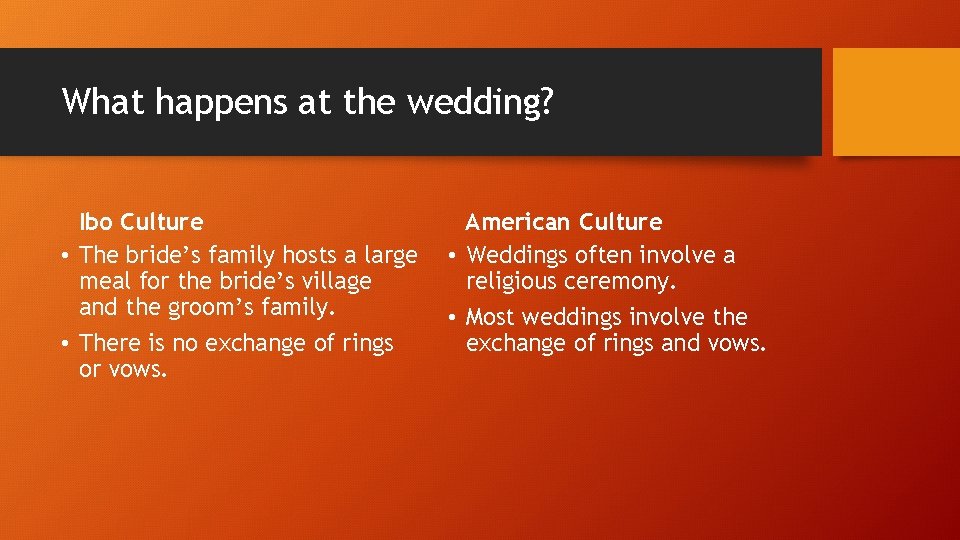 What happens at the wedding? Ibo Culture • The bride’s family hosts a large
