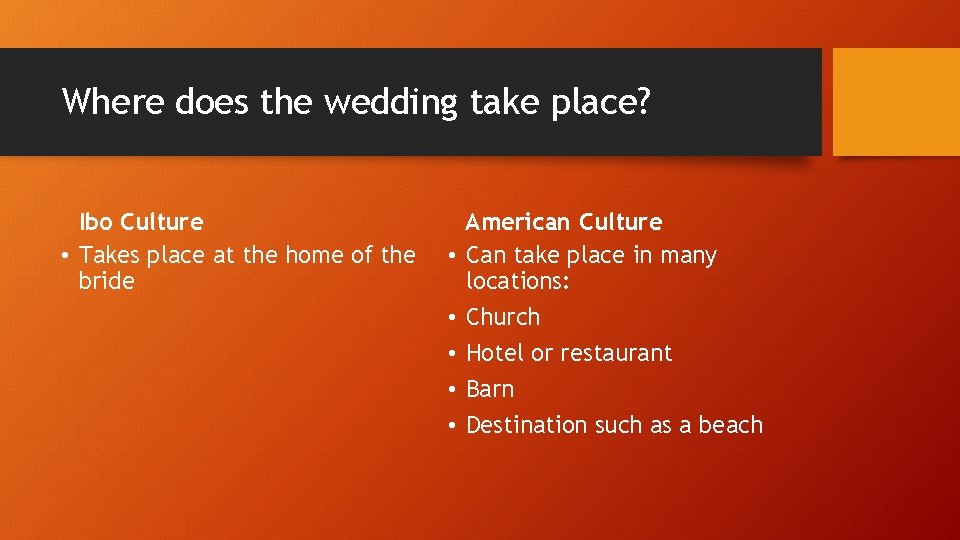 Where does the wedding take place? Ibo Culture • Takes place at the home