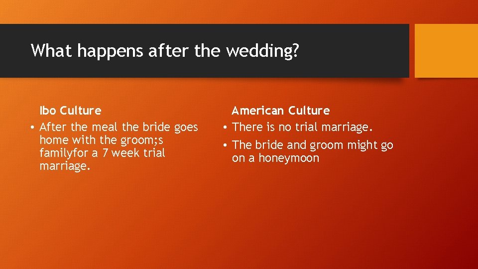 What happens after the wedding? Ibo Culture • After the meal the bride goes