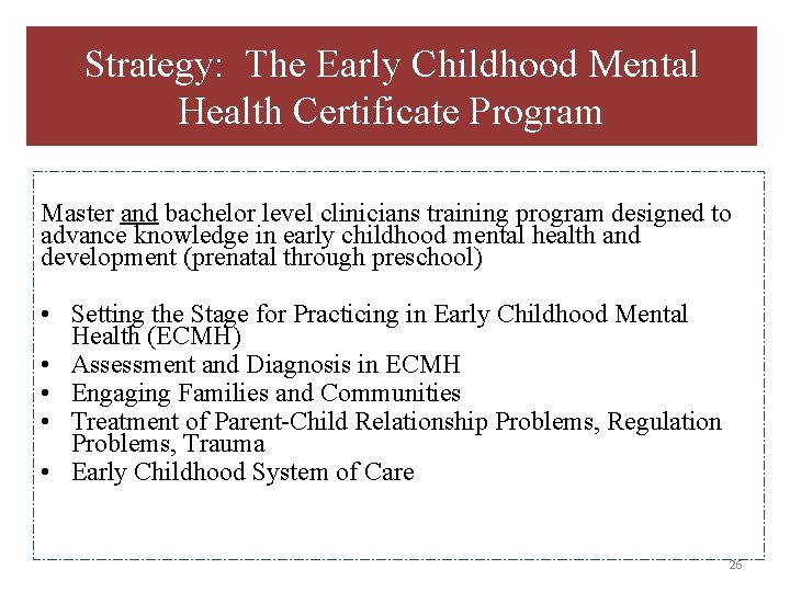 Strategy: The Early Childhood Mental Health Certificate Program Master and bachelor level clinicians training