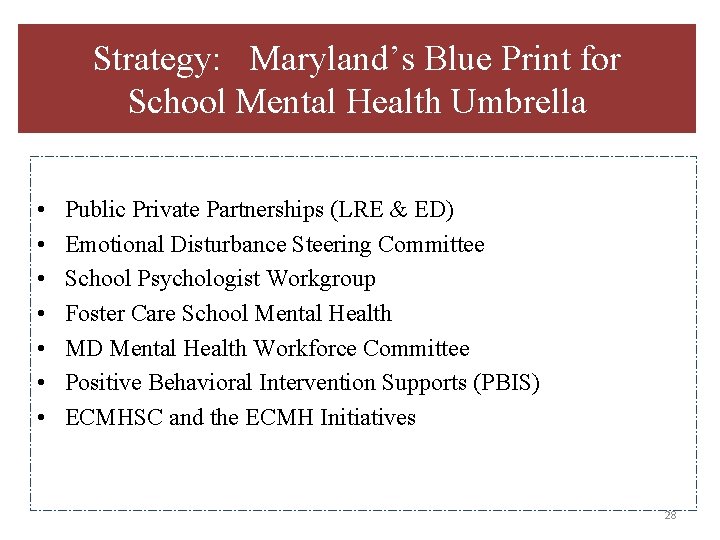 Strategy: Maryland’s Blue Print for School Mental Health Umbrella • • Public Private Partnerships