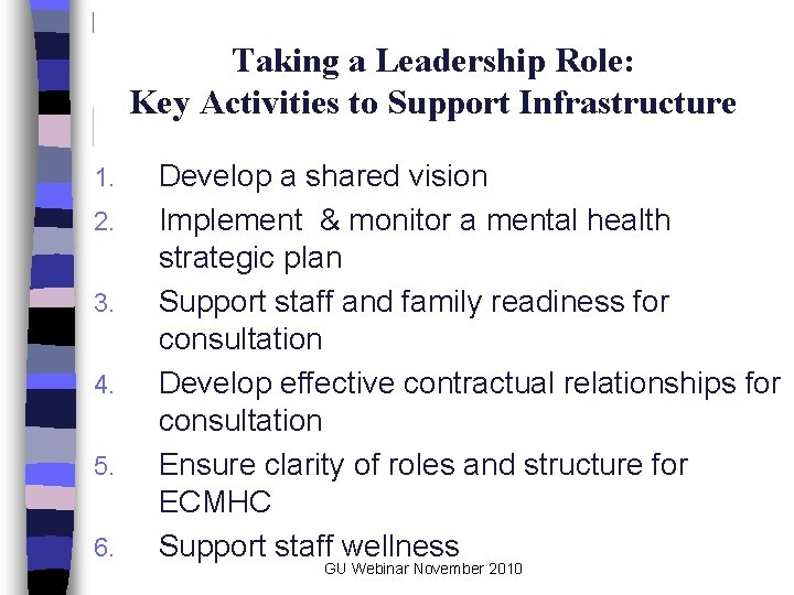 Taking a Leadership Role: Key Activities to Support Infrastructure 1. 2. 3. 4. 5.