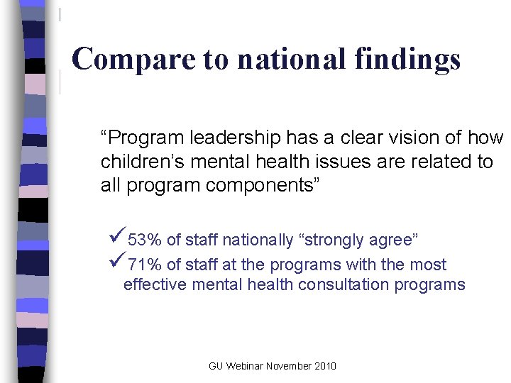 Compare to national findings “Program leadership has a clear vision of how children’s mental