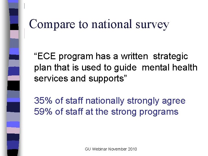 Compare to national survey “ECE program has a written strategic plan that is used