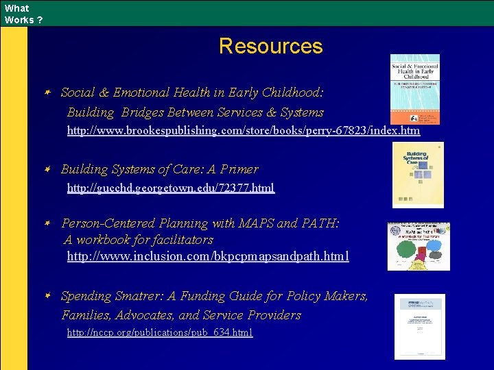 What Works ? Resources Social & Emotional Health in Early Childhood: Building Bridges Between