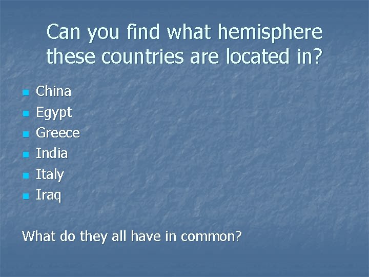 Can you find what hemisphere these countries are located in? n n n China